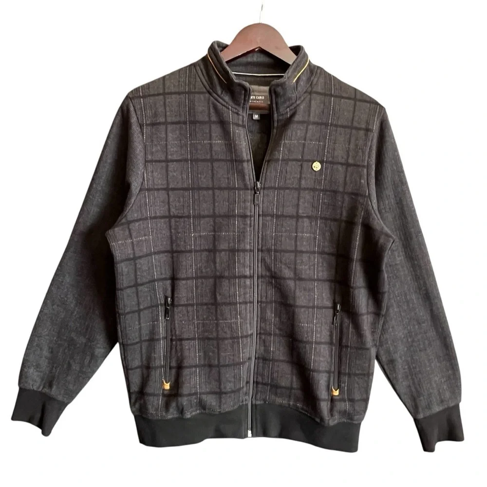 Monte Carlo Men’s Black & Gray Mock Neck Plaid Full Front Zip Knit Jacket Size M